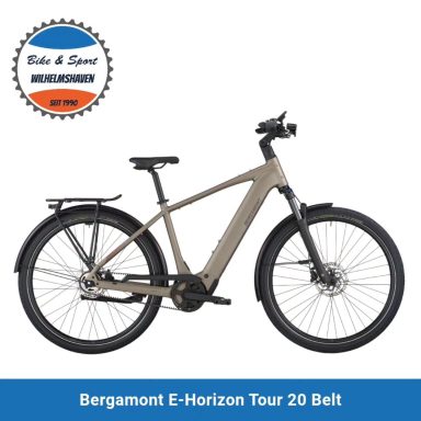 E-Bike Bergamont E-Horizon Tour 20 Belt in beige mit Gepäckträger.